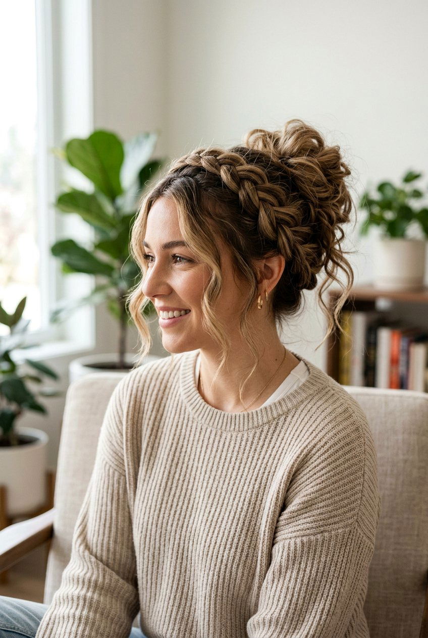 Braided Crown With Messy Bun - 20 birthday hairstyle with braided crown - 20 birthday hairstyle with braided crown