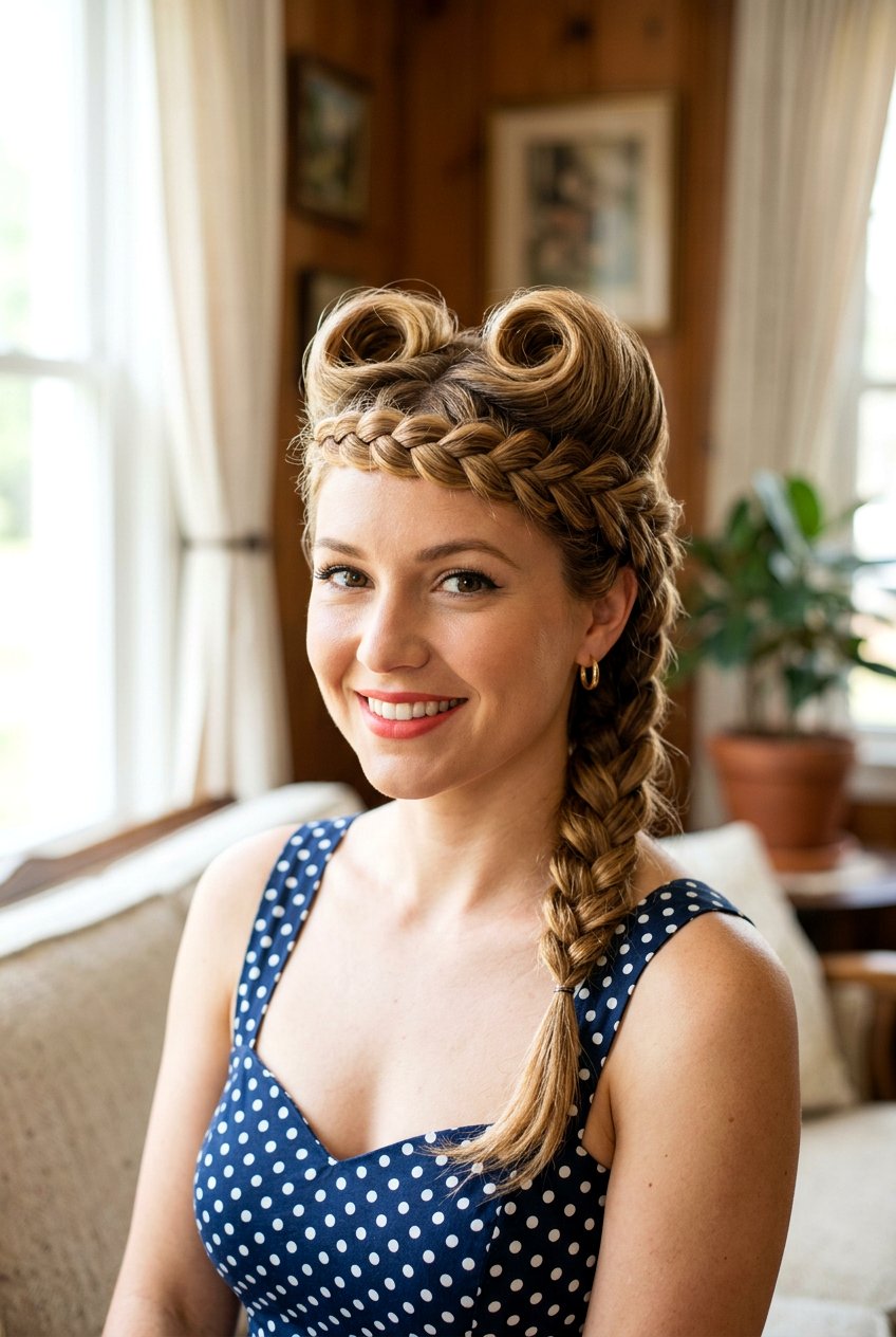 Braided Crown With Retro Victory Rolls - 20 birthday hairstyle with braided crown - 20 birthday hairstyle with braided crown