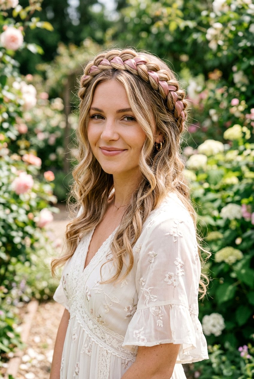 Braided Crown With Ribbon - 20 coquette ribbon hairstyle - 20 coquette ribbon hairstyle