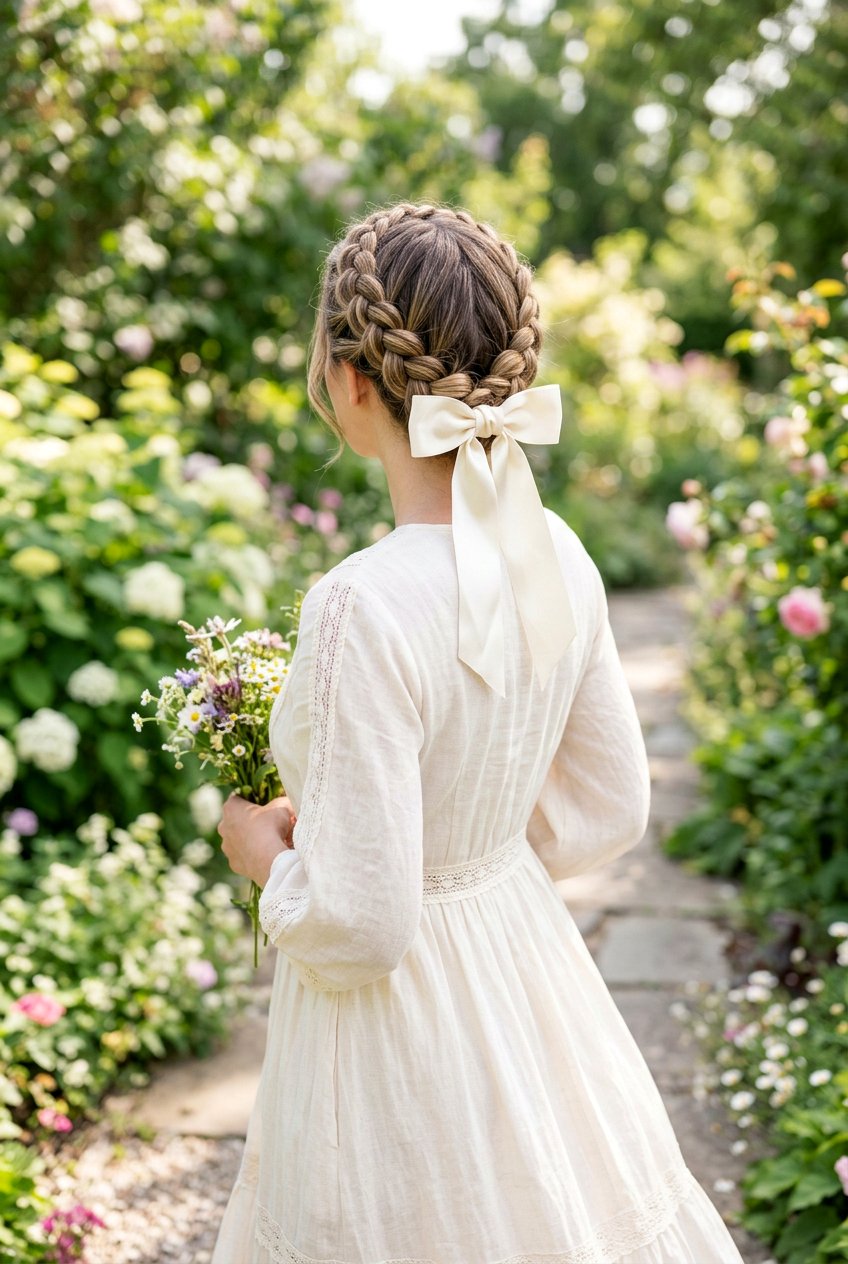 Braided Crown With Ribbon Bow At Back - 20 bow hairstyles for women - 20 bow hairstyles for women