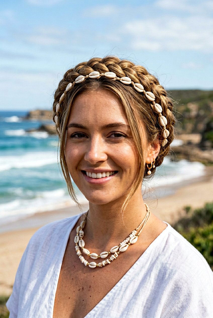 Braided Crown With Sea Shell Accessories - 20 beach hairstyle with braided crown - 20 beach hairstyle with braided crown