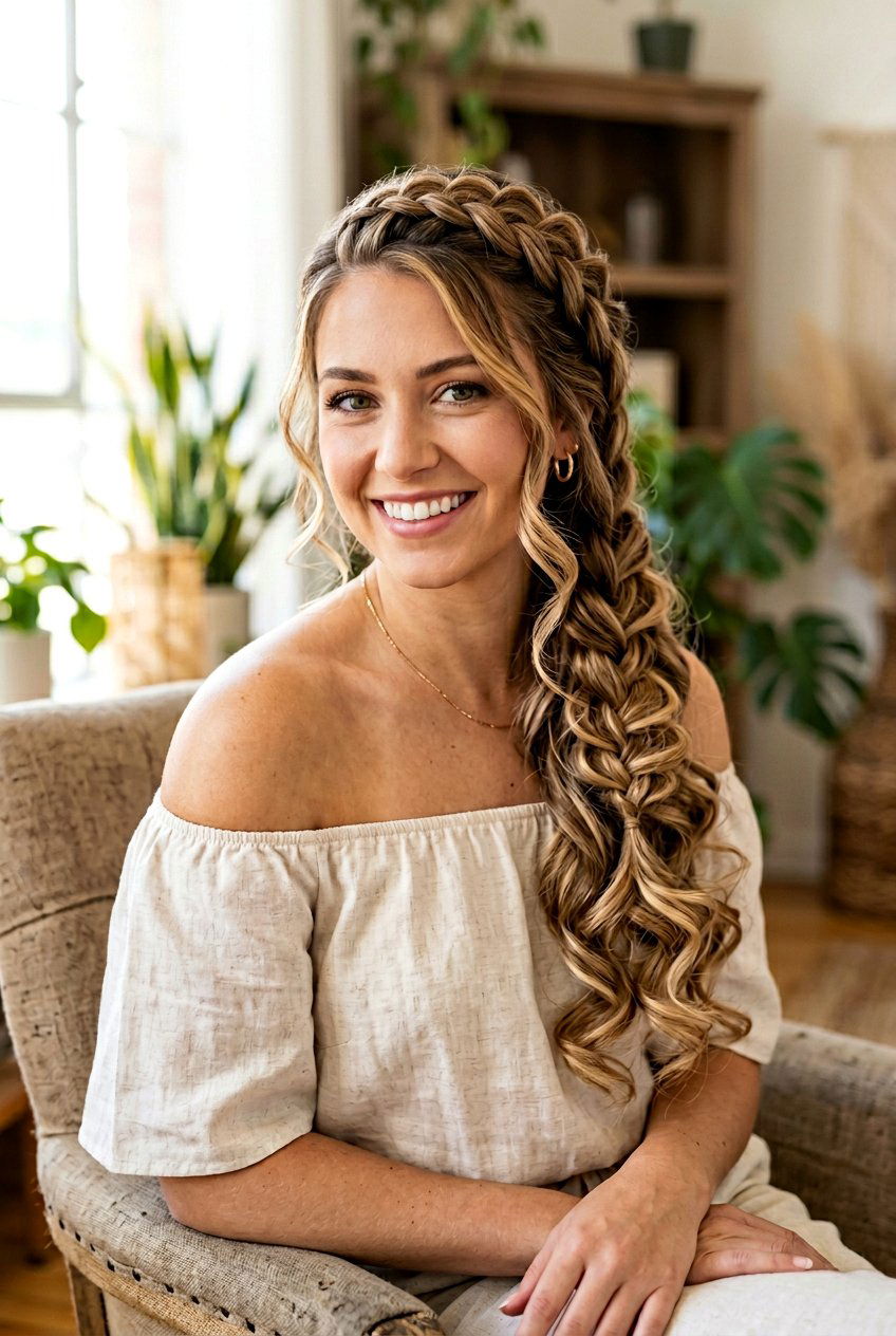 Braided Crown With Side Swept Curls - 20 birthday hairstyle with braided crown - 20 birthday hairstyle with braided crown
