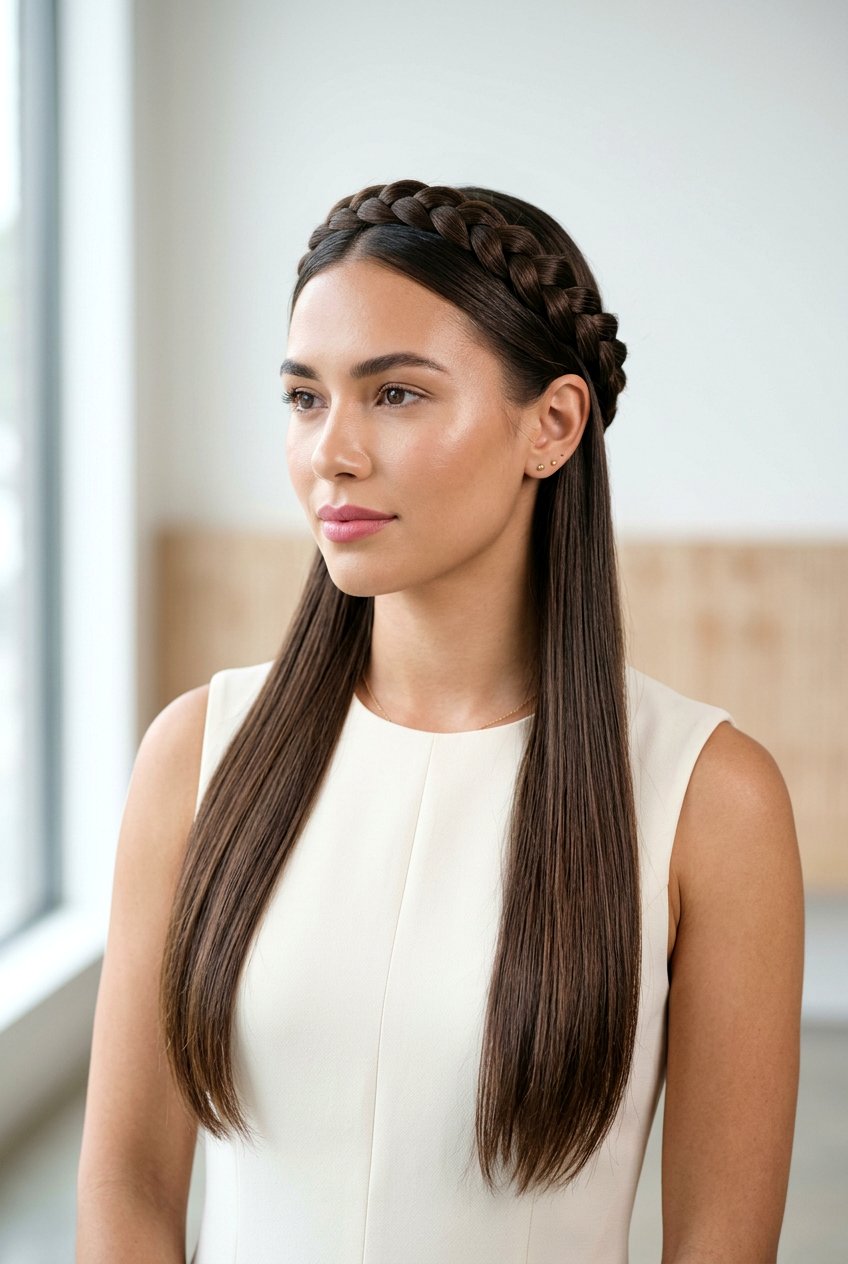 Braided Crown With Sleek Straight Hair - 20 birthday hairstyle with braided crown - 20 birthday hairstyle with braided crown