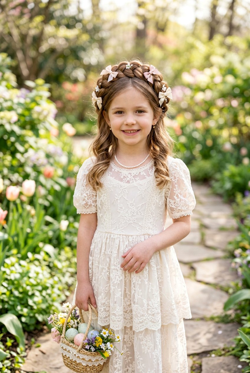 Braided Crown With Small Bows - 20 easter hairstyles for little girls with bows - 20 easter hairstyles for little girls with bows