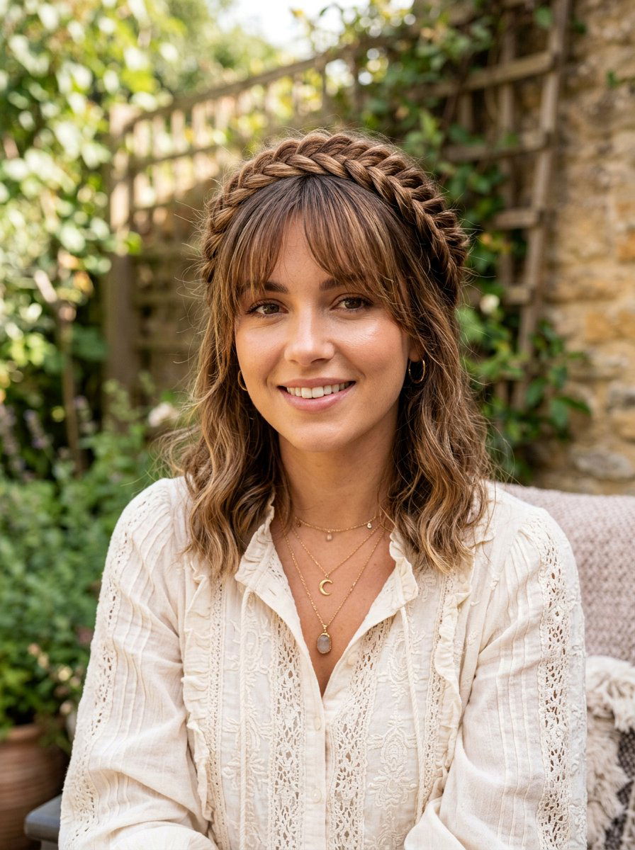 Braided Crown With Soft Bangs - 20 office hairstyle for women with bangs - 20 office hairstyle for women with bangs