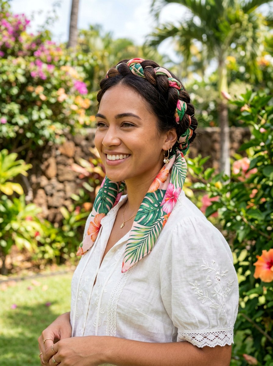 Braided Crown With Tropical Scarf - 20 vacation hairstyle with tropical scarf - 20 vacation hairstyle with tropical scarf