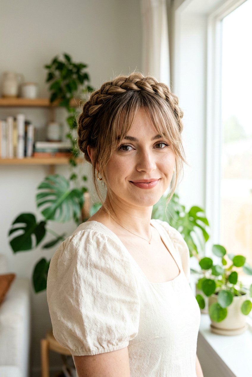 Braided Crown with Bangs - 20 cottagecore braid crown hairstyle - 20 cottagecore braid crown hairstyle