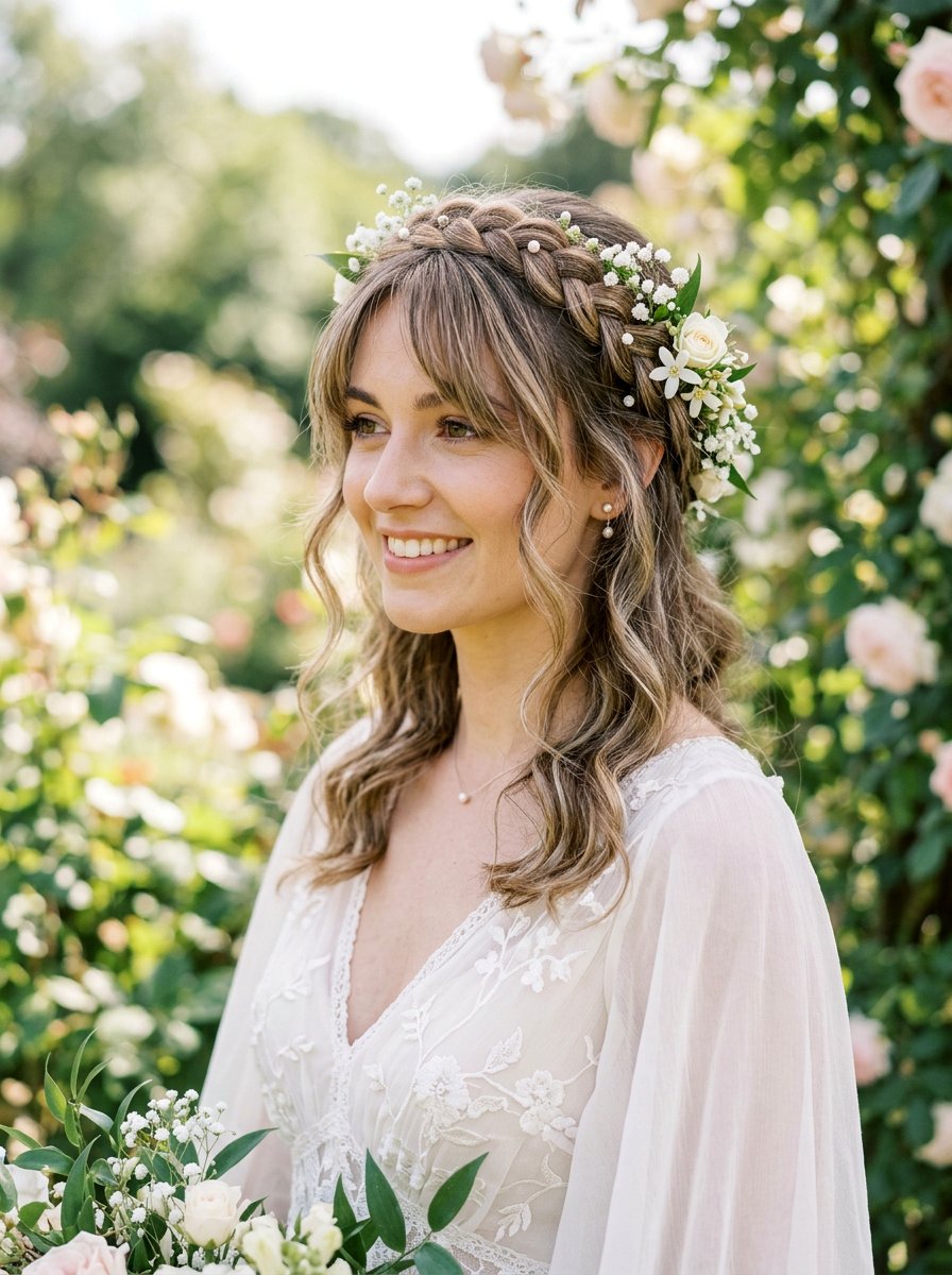 Braided Crown with Face Framing Fringe - 20 wedding hairstyles for brides with bangs - 20 wedding hairstyles for brides with bangs