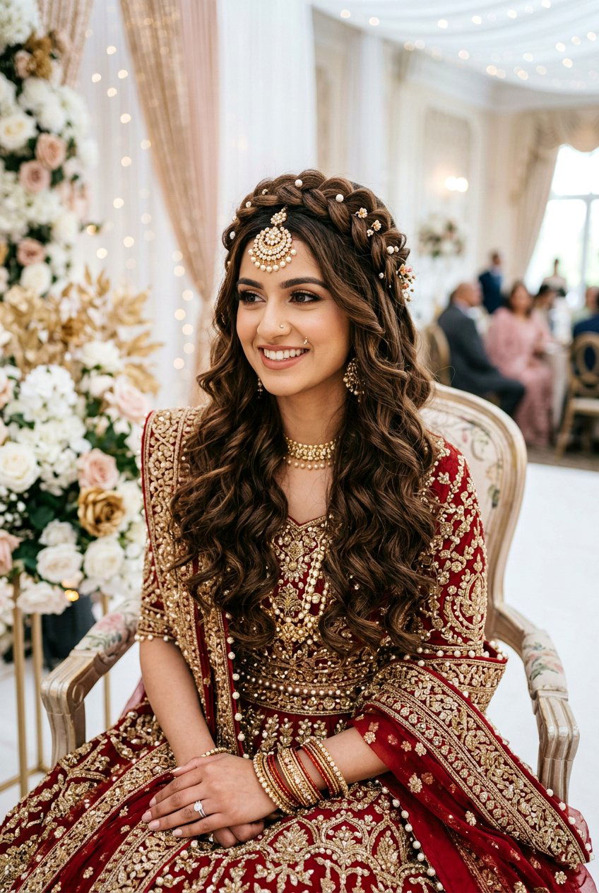 Braided Crown with Open Curls Walima Hairstyle - 20 walima hairstyles - 20 walima hairstyles