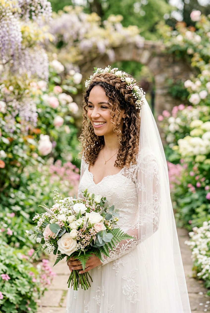 Braided Curly Bridal Crown With Veil - 20 bridal hairstyle for curly veil look - 20 bridal hairstyle for curly veil look