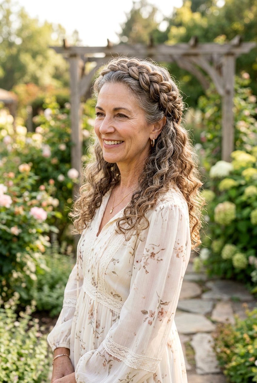 Braided Curly Halo - 20 curly wedding guest hairstyle for mature women - 20 curly wedding guest hairstyle for mature women