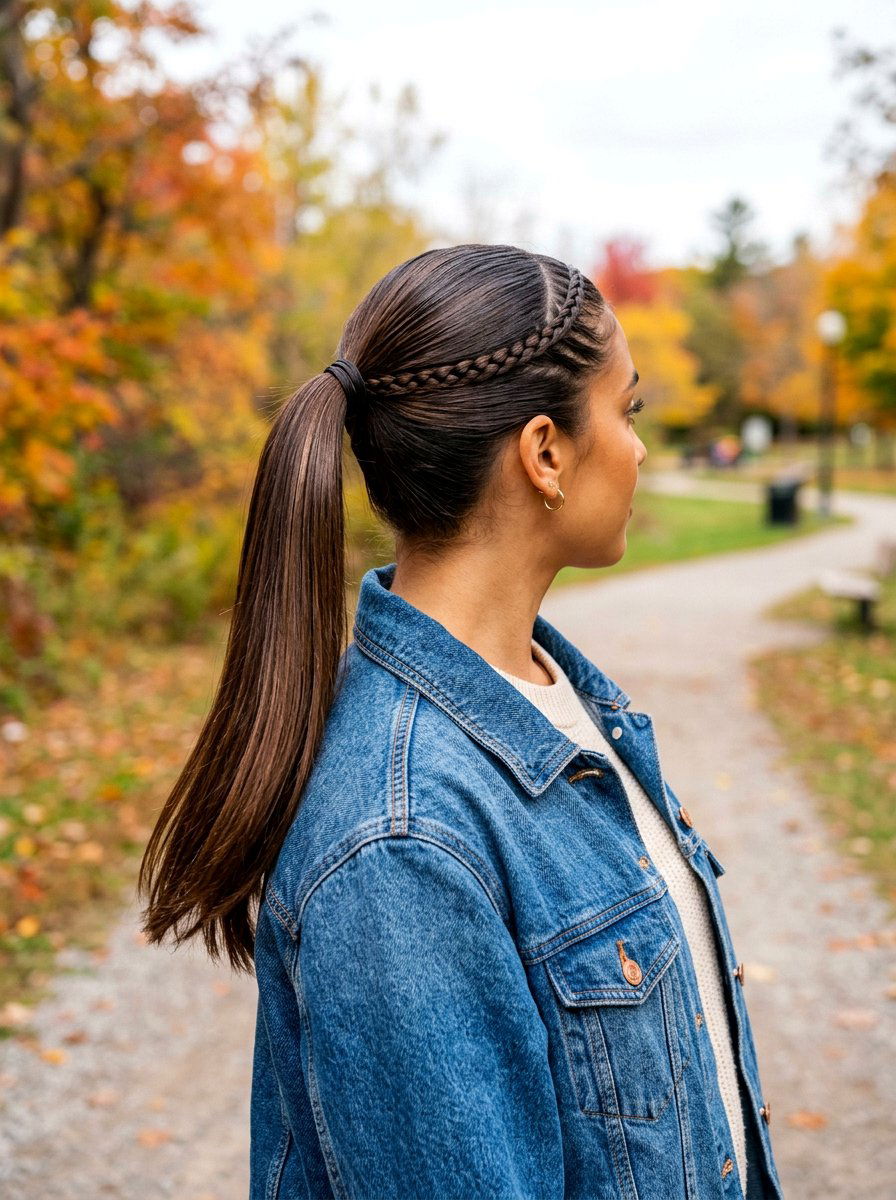 Braided Detail Glossy Straight Ponytail - 20 glossy straight ponytail hairstyle - 20 glossy straight ponytail hairstyle