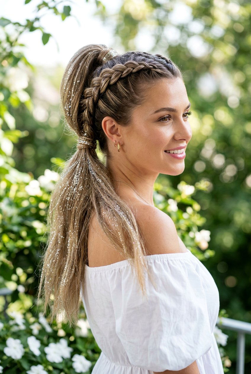 Braided Glitter Ponytail - 20 birthday hairstyle with glitter ponytail - 20 birthday hairstyle with glitter ponytail