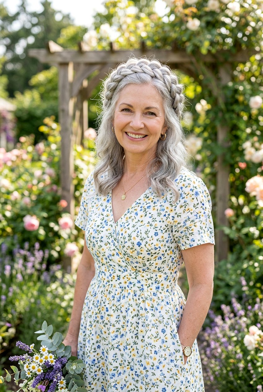 Braided Gray Crown - 20 naturally gray wedding guest hairstyle - 20 naturally gray wedding guest hairstyle