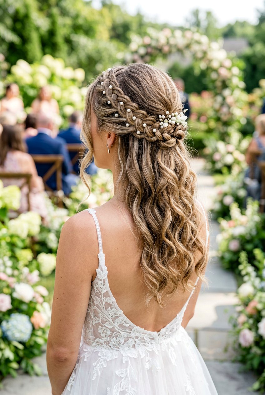 Braided Half Up Hairstyle With Pearl Pins - 20 bridal half up with pearl pins - 20 bridal half up with pearl pins