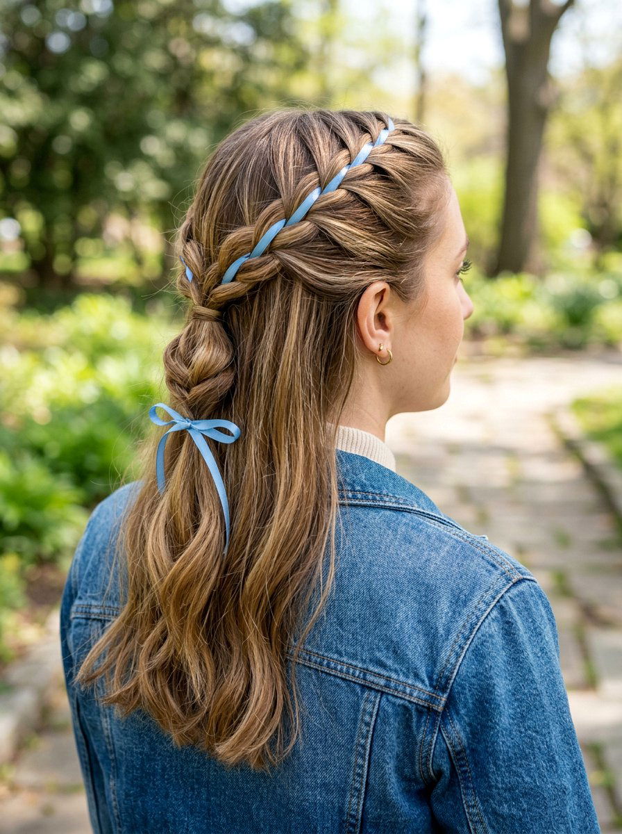 Braided Half Up Ribbon Weave - 20 ribbon bow half up hairstyle - 20 ribbon bow half up hairstyle