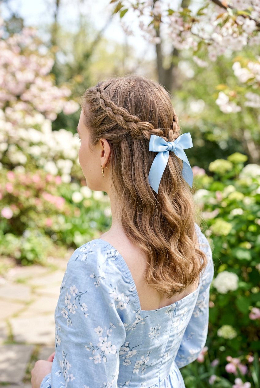 Braided Half Up With Bow - 20 coquette hairstyle with ribbon bow - 20 coquette hairstyle with ribbon bow