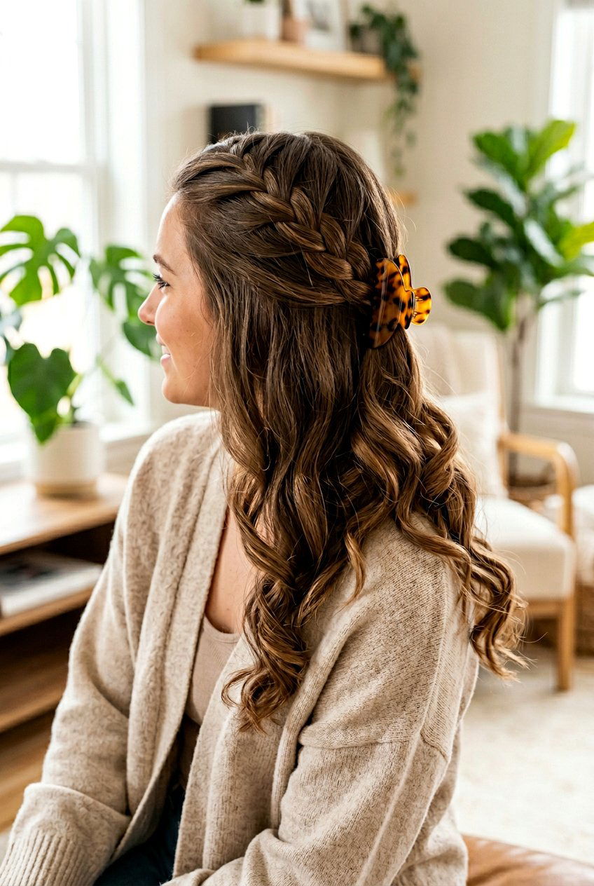 Braided Half Up - 20 easy claw clip hairstyles for long hair - 20 easy claw clip hairstyles for long hair