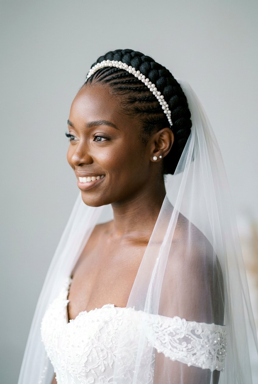 Braided Halo with Feed In Cornrows - 20 bridal braid styles for black women - 20 bridal braid styles for black women