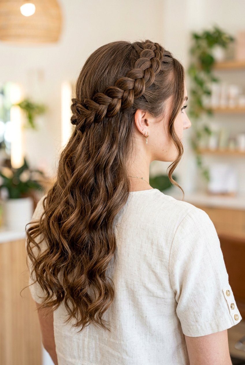 Braided Headband With Curls - 20 bridal hairstyle for long curly hair - 20 bridal hairstyle for long curly hair