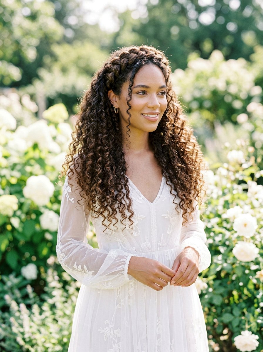 Braided Headband With Natural Curls - 20 recital hairstyles for curly hair - 20 recital hairstyles for curly hair