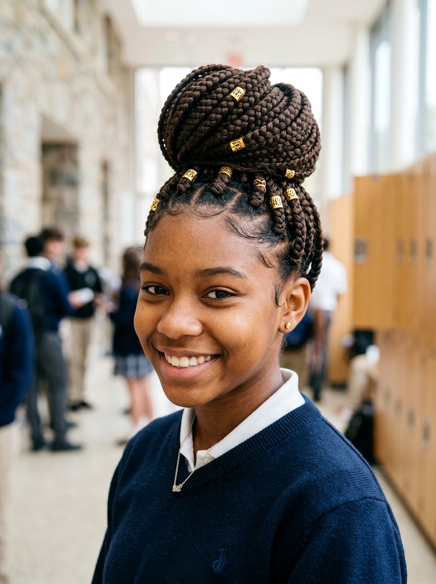 Braided High Bun - 20 school bun styles for black girls - 20 school bun styles for black girls