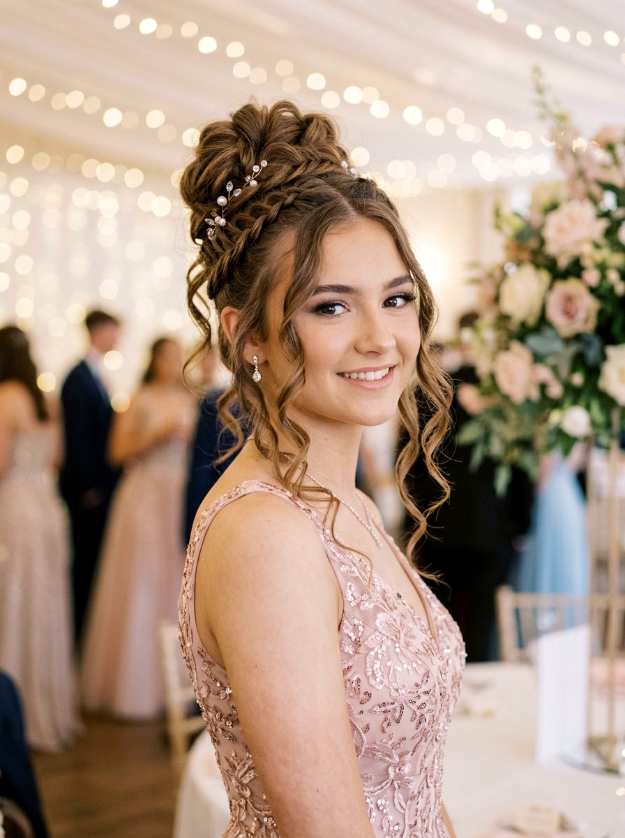 Braided High Updo with Face Framing Tendrils - 20 teen girls hairstyle ideas for prom - 20 teen girls hairstyle ideas for prom