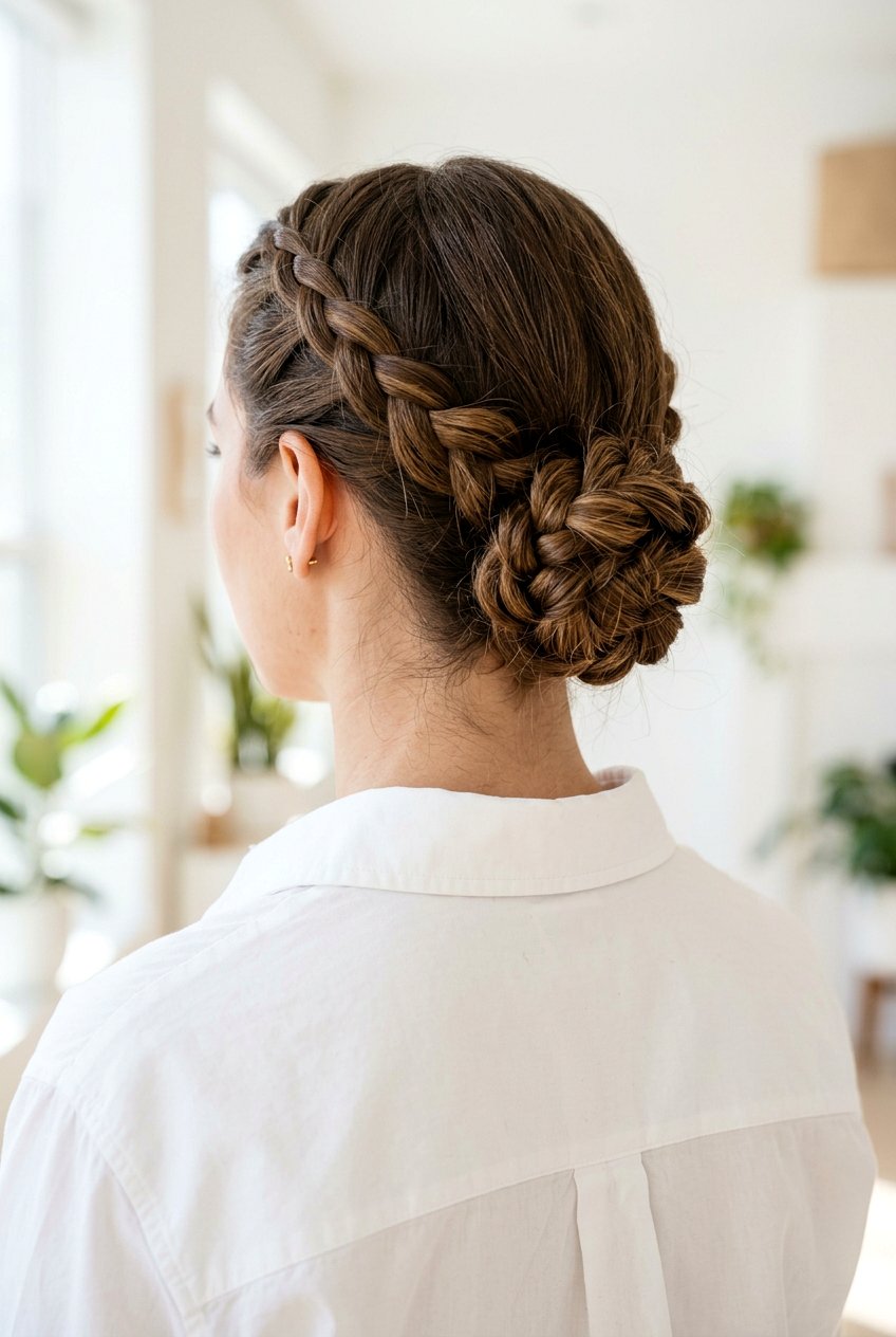 Braided Low Bun - 20 light academia braid hairstyle - 20 light academia braid hairstyle