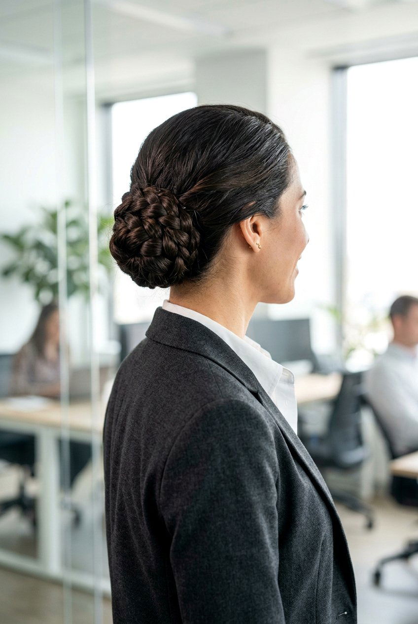 Braided Low Bun For Humidity - 20 work hairstyle for humid weather - 20 work hairstyle for humid weather