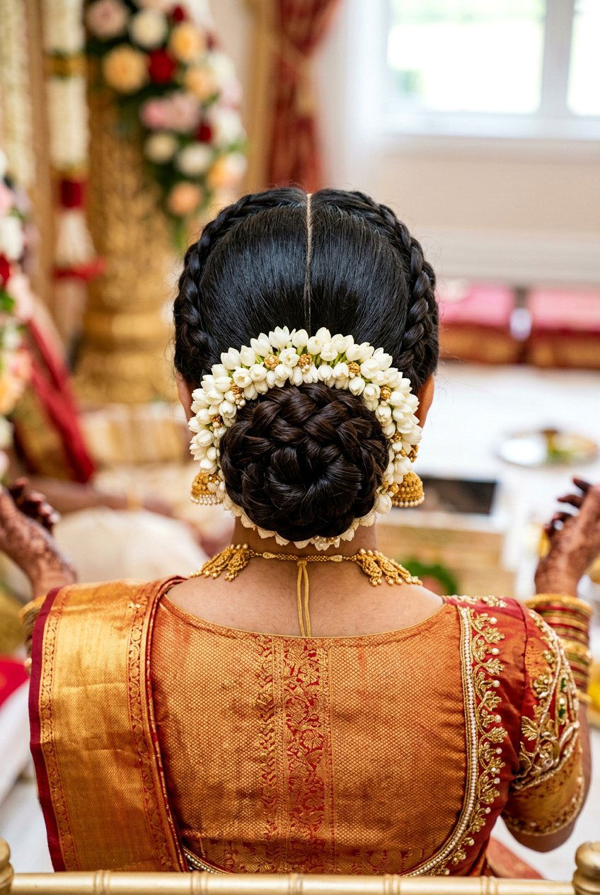 Braided Low Bun For Traditional Bride - 20 desi bridal bun hairstyle - 20 desi bridal bun hairstyle