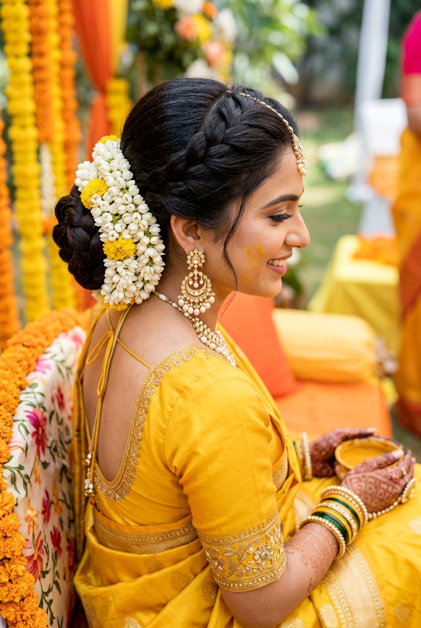 Braided Low Bun Haldi Hairstyle For Bride - 20 haldi hairstyles for bride - 20 haldi hairstyles for bride