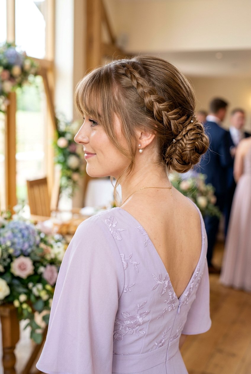 Braided Low Bun With Bottleneck Bangs - 20 wedding guest hairstyle for women with bangs - 20 wedding guest hairstyle for women with bangs