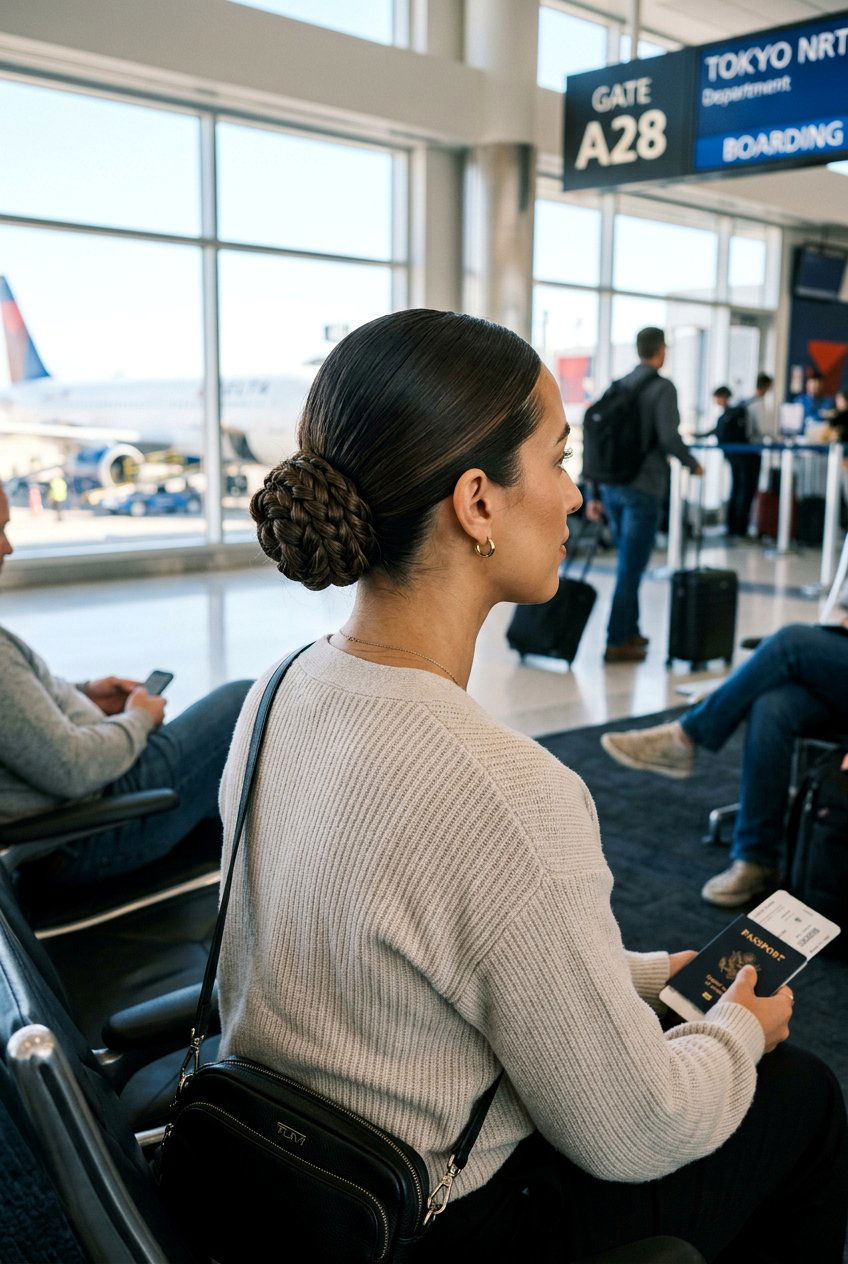 Braided Low Bun With Center Part - 20 airplane friendly braid styles - 20 airplane friendly braid styles