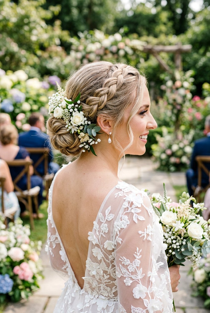 Braided Low Bun With Fresh Flowers - 20 braided low bun for bride - 20 braided low bun for bride