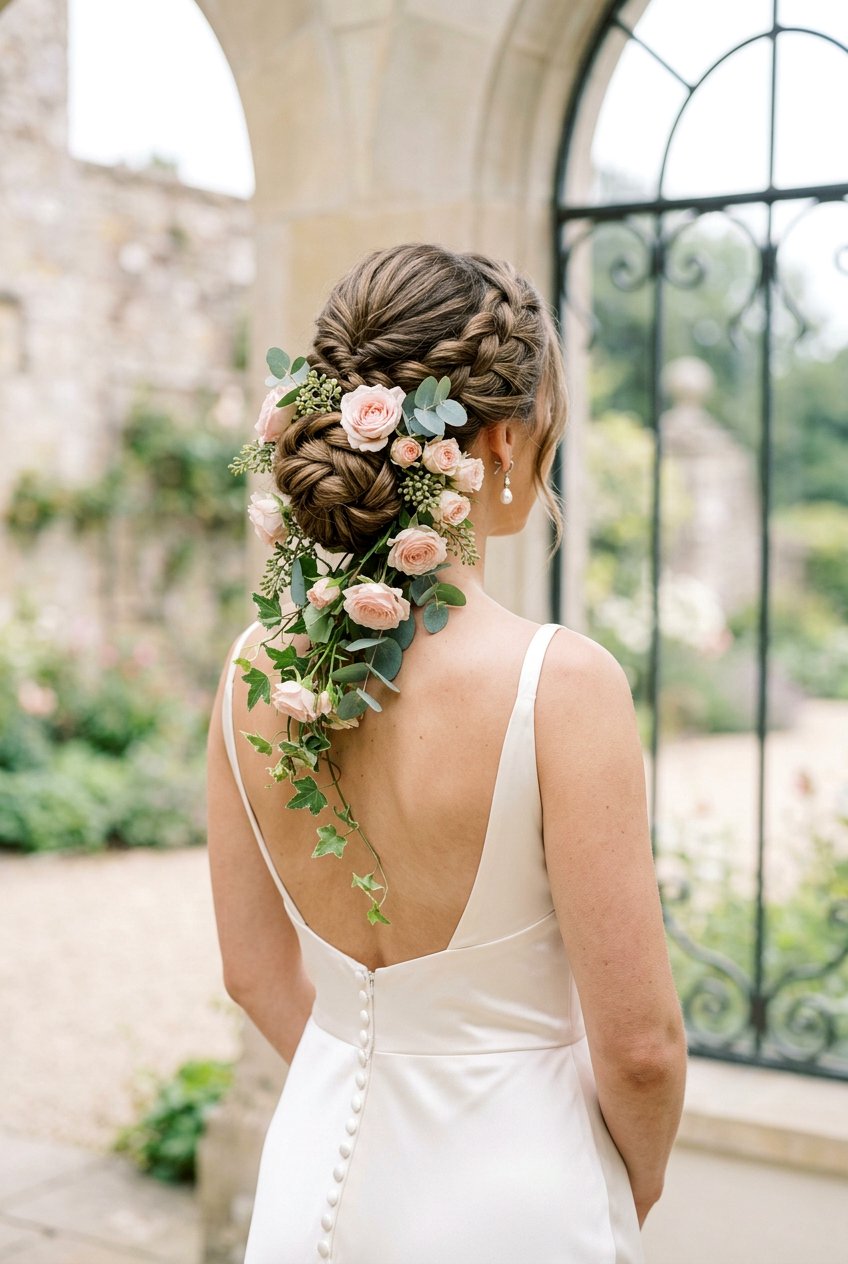Braided Low Bun With Garden Roses And Eucalyptus - 20 floral bridal braid hairstyle - 20 floral bridal braid hairstyle