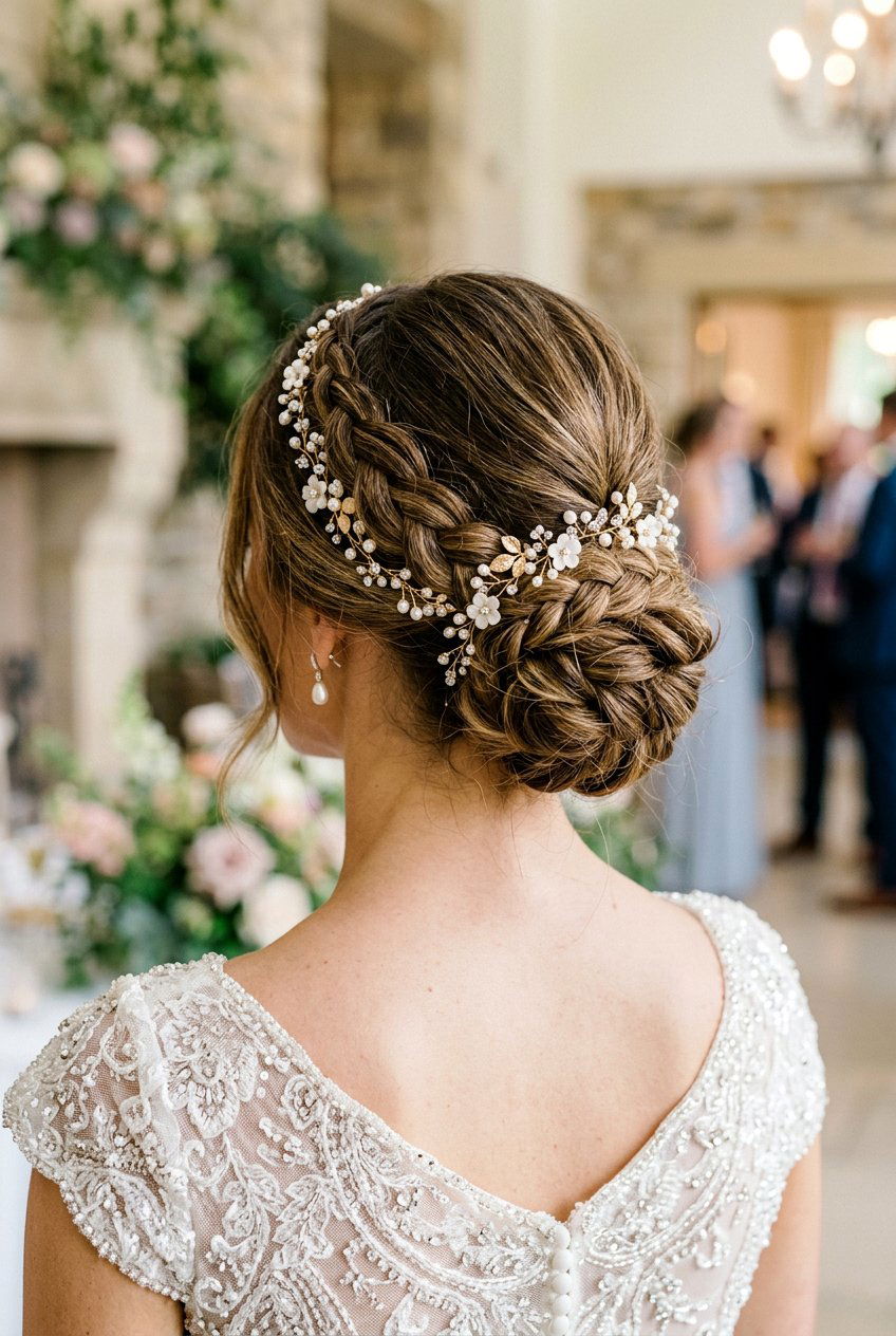 Braided Low Bun With Hair Vine For Bride - 20 braided low bun for bride - 20 braided low bun for bride