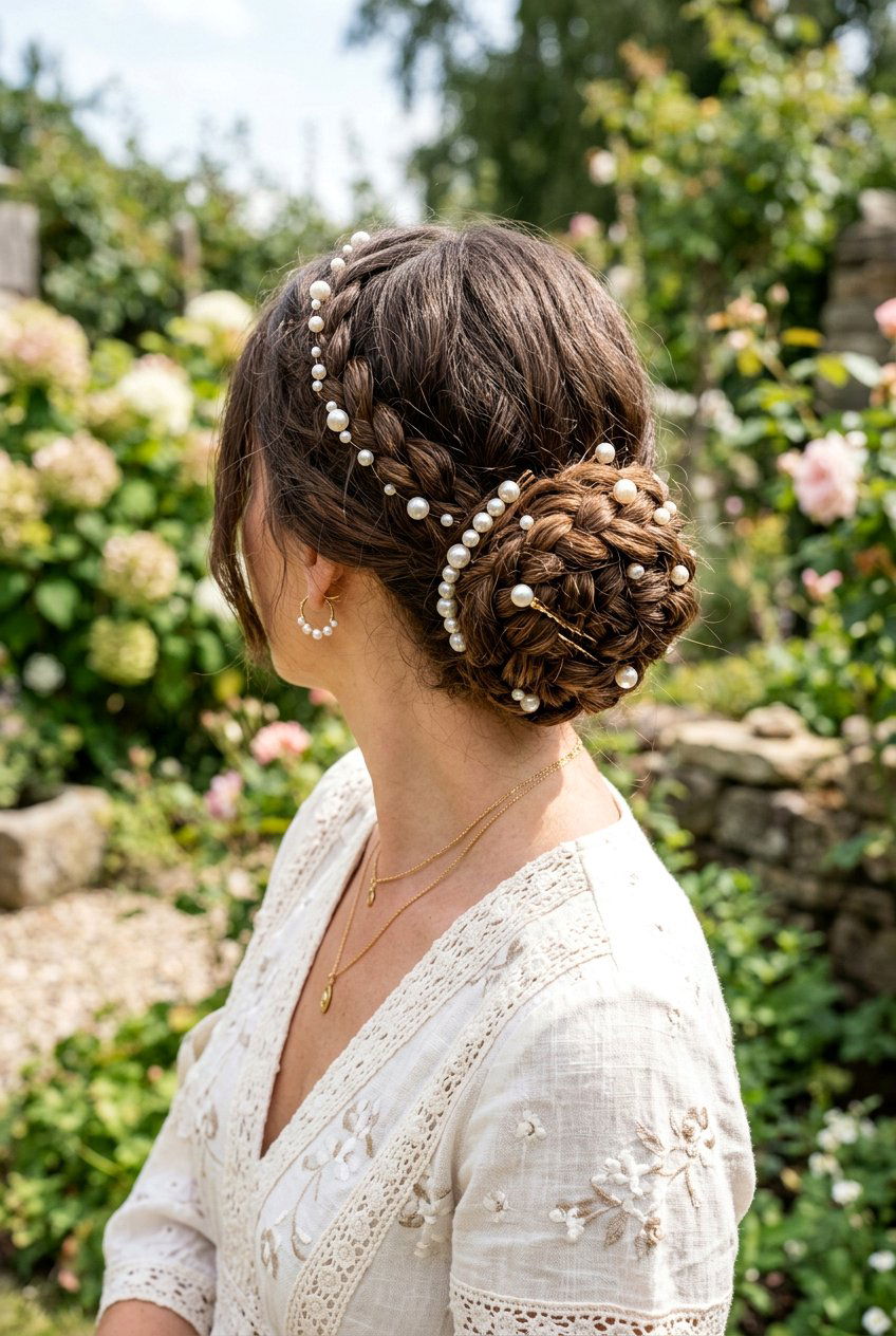 Braided Low Bun With Pearl Accessories - 20 birthday hairstyle with low bun and pearls - 20 birthday hairstyle with low bun and pearls