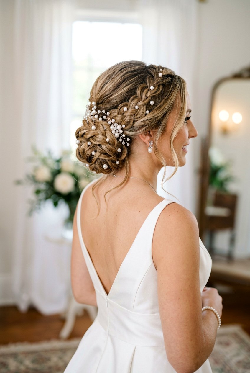 Braided Low Bun With Pearl Hair Pins - 20 braided low bun for bride - 20 braided low bun for bride