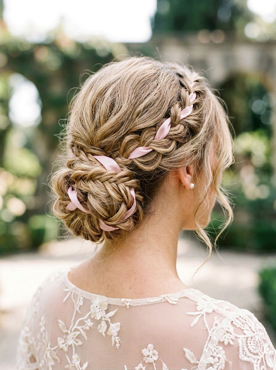 Braided Low Bun With Ribbon Accents - 20 rave braid buns hairstyle - 20 rave braid buns hairstyle