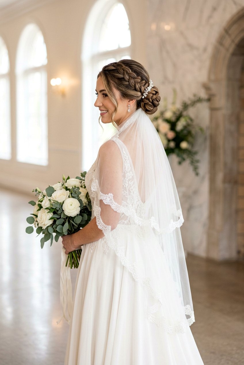 Braided Low Bun With Two Tier Veil - 20 bridal hairstyle for thick hair with veil - 20 bridal hairstyle for thick hair with veil