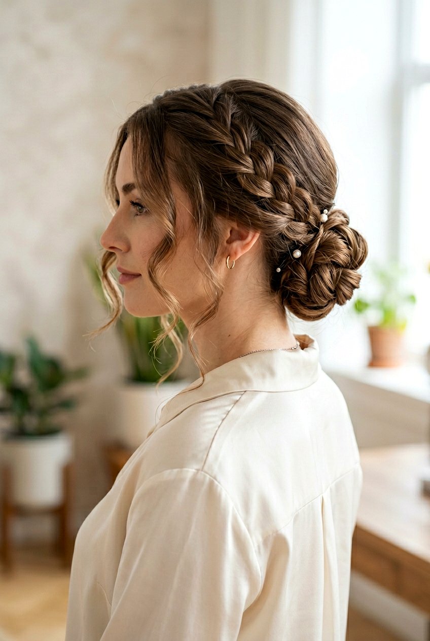 Braided Low Chignon With Face Framing Pieces - 20 braided bun with face framing strands - 20 braided bun with face framing strands