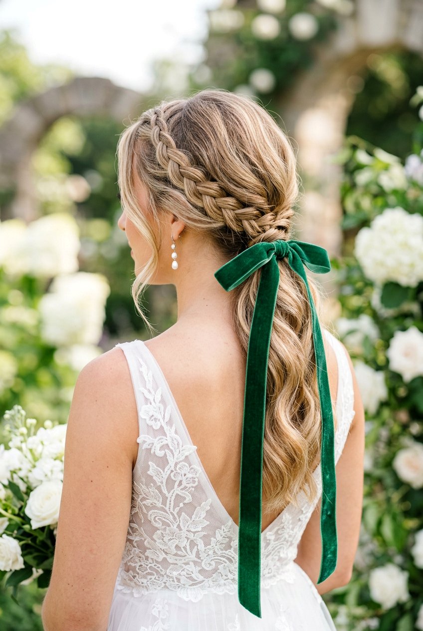 Braided Low Ponytail With Ribbon - 20 bridal hairstyle with romantic braid - 20 bridal hairstyle with romantic braid