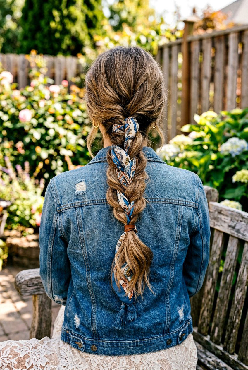 Braided Low Ponytail With Scarf Woven In - 20 scarf ponytail hairstyle - 20 scarf ponytail hairstyle