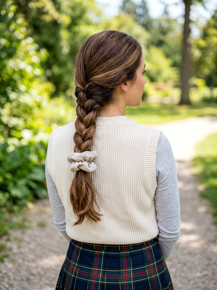 Braided Low Ponytail With Scrunchie - 20 light academia ponytail hairstyle - 20 light academia ponytail hairstyle