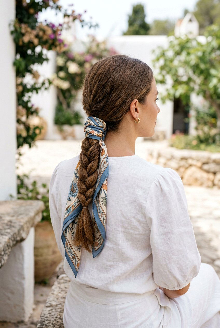 Braided Low Ponytail With Silk Scarf - 20 beach hairstyle with low scarf ponytail - 20 beach hairstyle with low scarf ponytail