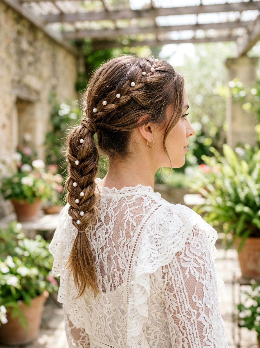 Braided Pearl Ponytail - 20 party hairstyle with pearl ponytail - 20 party hairstyle with pearl ponytail