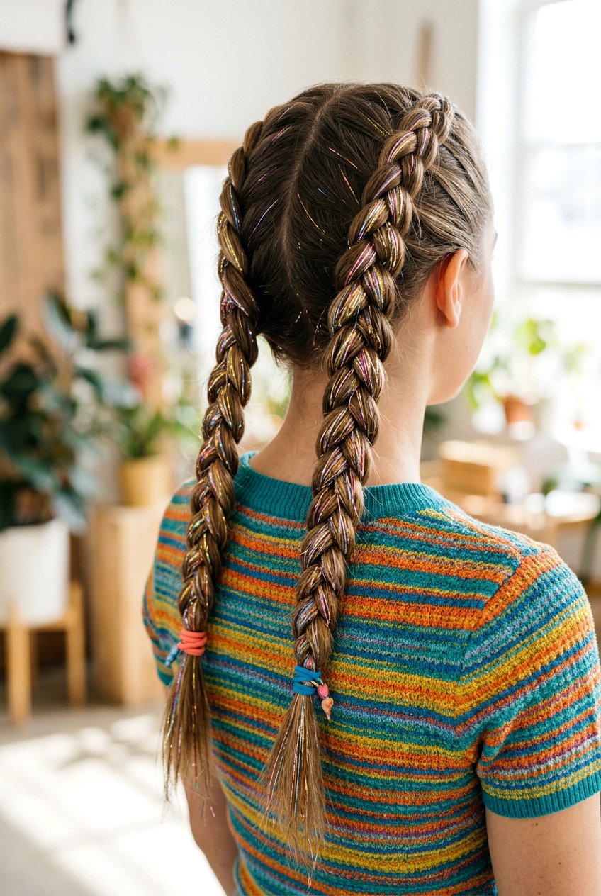 Braided Pigtails With Hair Tinsel - 20 rave hairstyles for women - 20 rave hairstyles for women