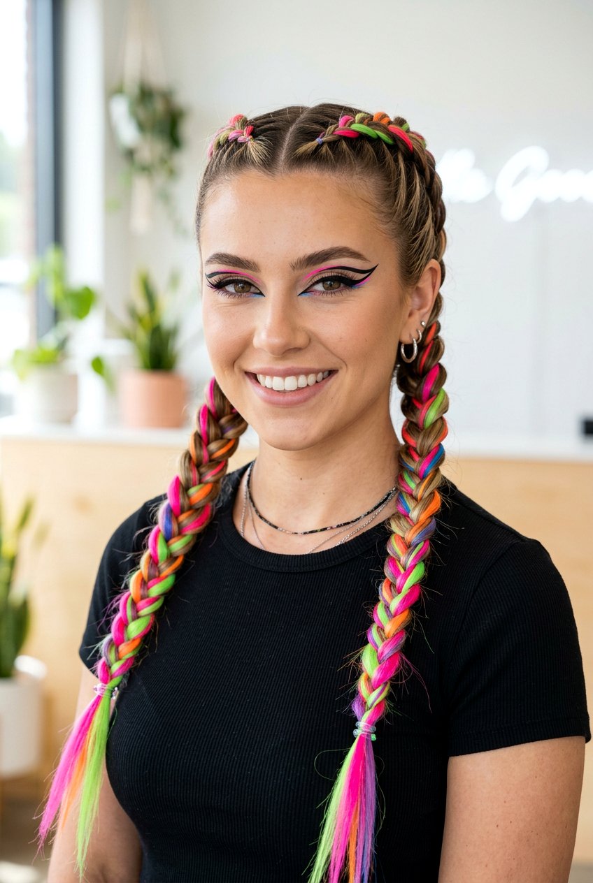 Braided Pigtails With Neon Extensions - 20 rave hairstyles for women - 20 rave hairstyles for women