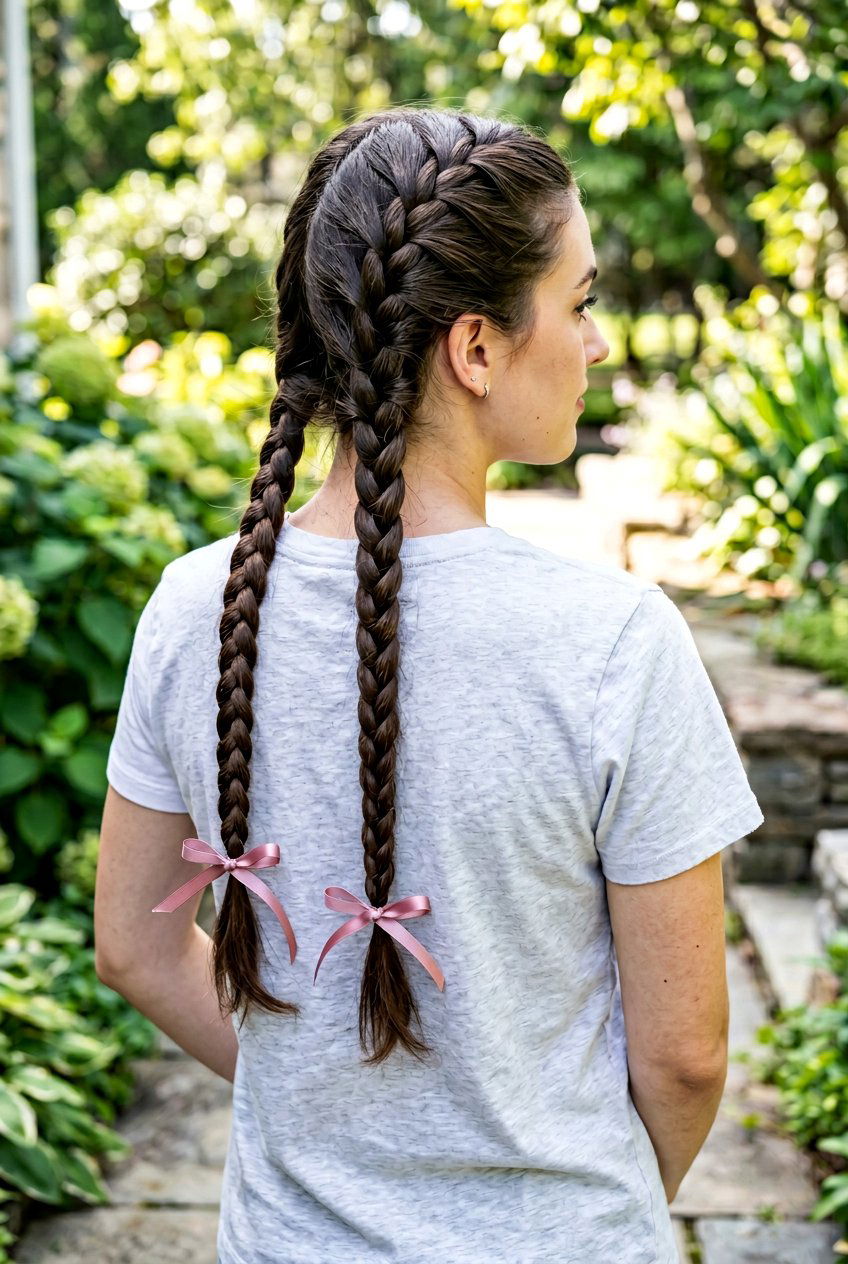 Braided Pigtails With Ribbon Bows - 20 bow hairstyles for women - 20 bow hairstyles for women