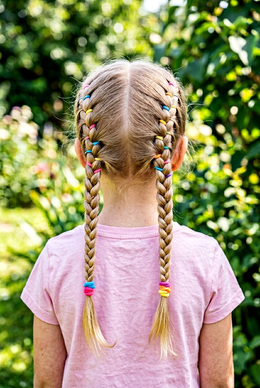 Braided Pigtails with Colorful Elastics - 20 last day of school hairstyles - 20 last day of school hairstyles